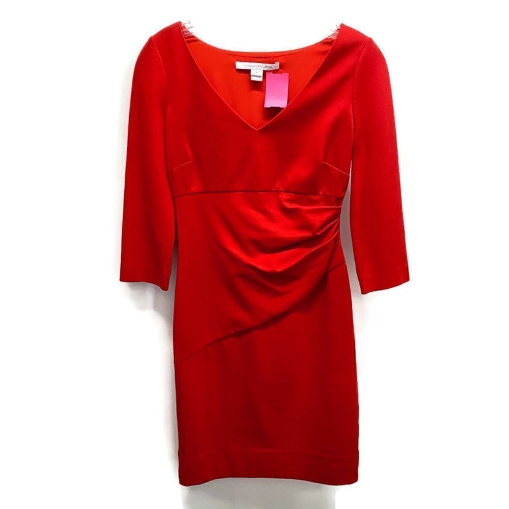 Diane Von Furstenberg Red Side Ruched V-Neck Dress